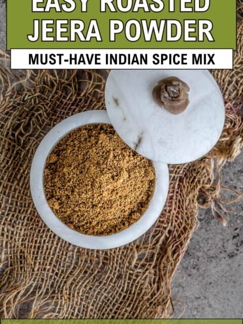 Roasted cumin powder served in a small box and text at the top and bottom.