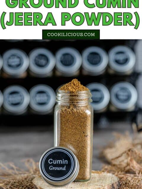 Roasted ground cumin stored in a small glass container and text at the top.