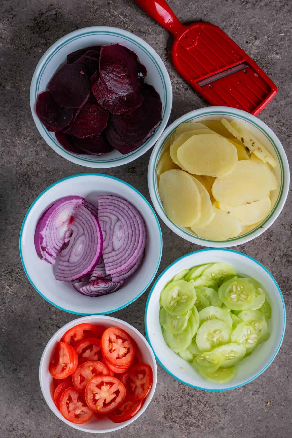 All the vegetables thinly sliced to make the Bombay Sandwich.