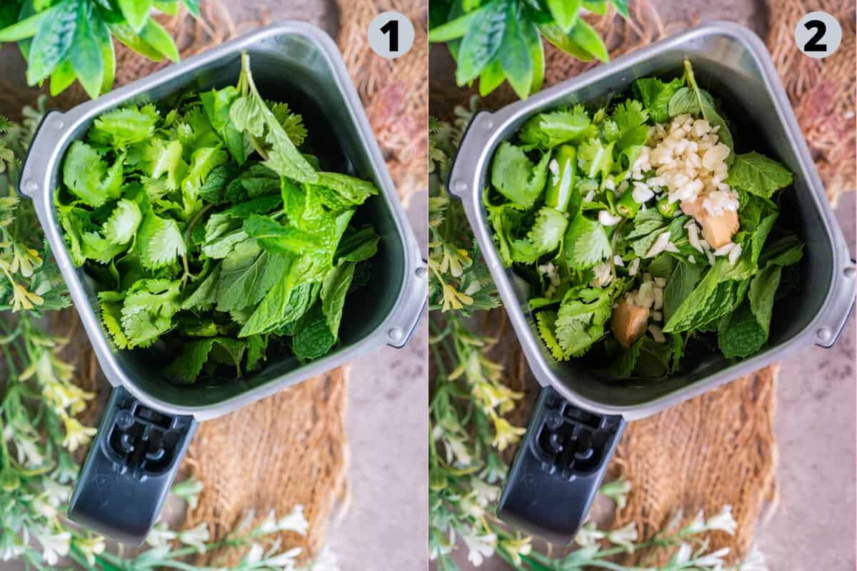 2 image collage showing how to make spicy green chutney for Bombay sandwich.