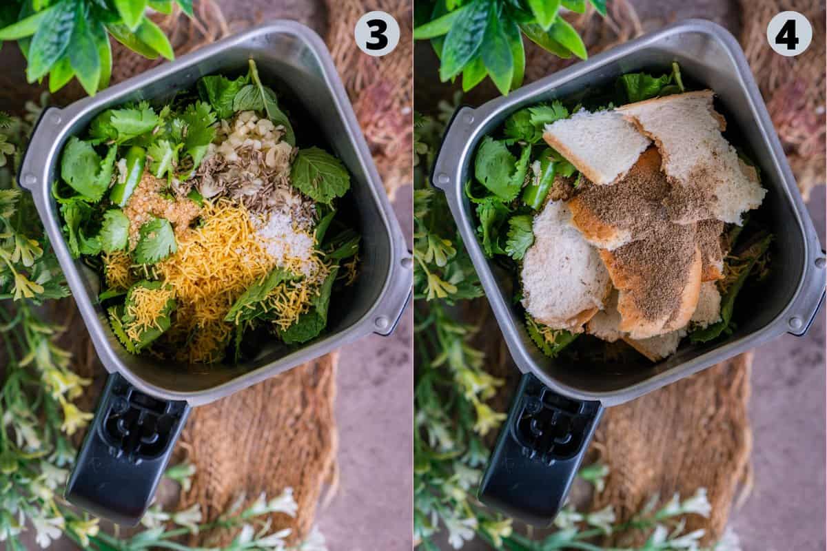 2 image collage showing the steps to make Bombay Sandwich chutney.