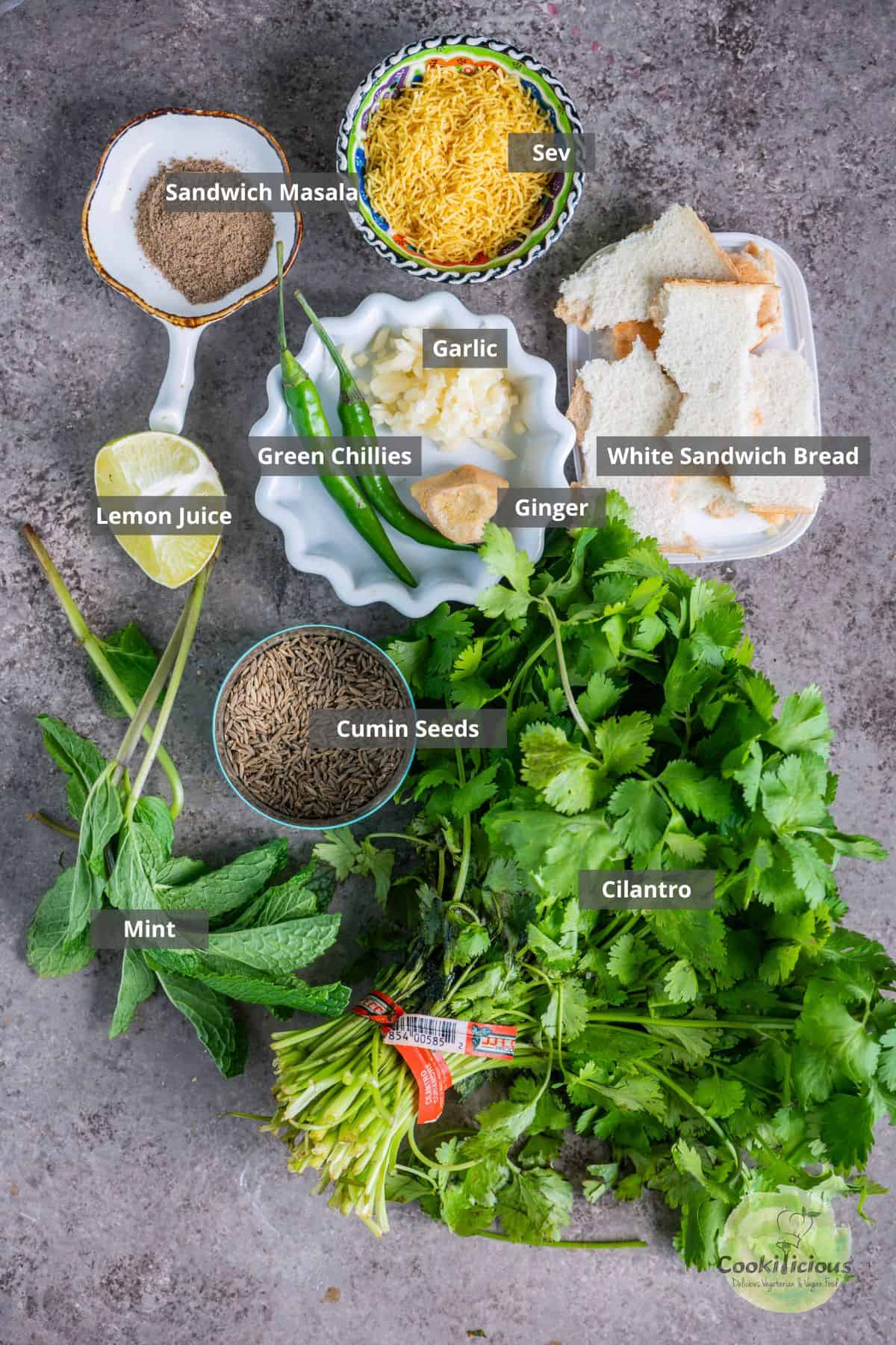 All the ingredients needed to make sandwich chutney placed on a table with labels on them.