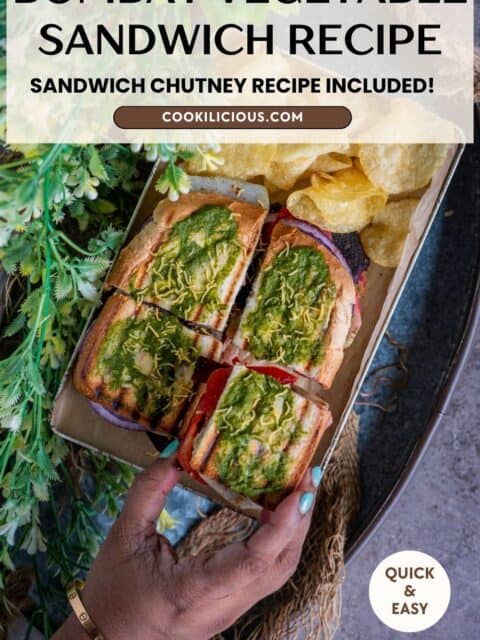 Bombay Grilled Sandwich served in a platter with chips on the side and text at the top.