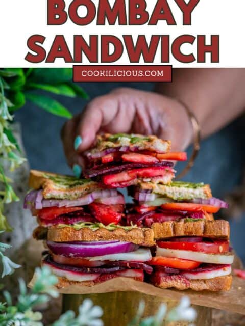 Stack of Bombay vegetable Sandwiches and one hand picking one up and text at the top.