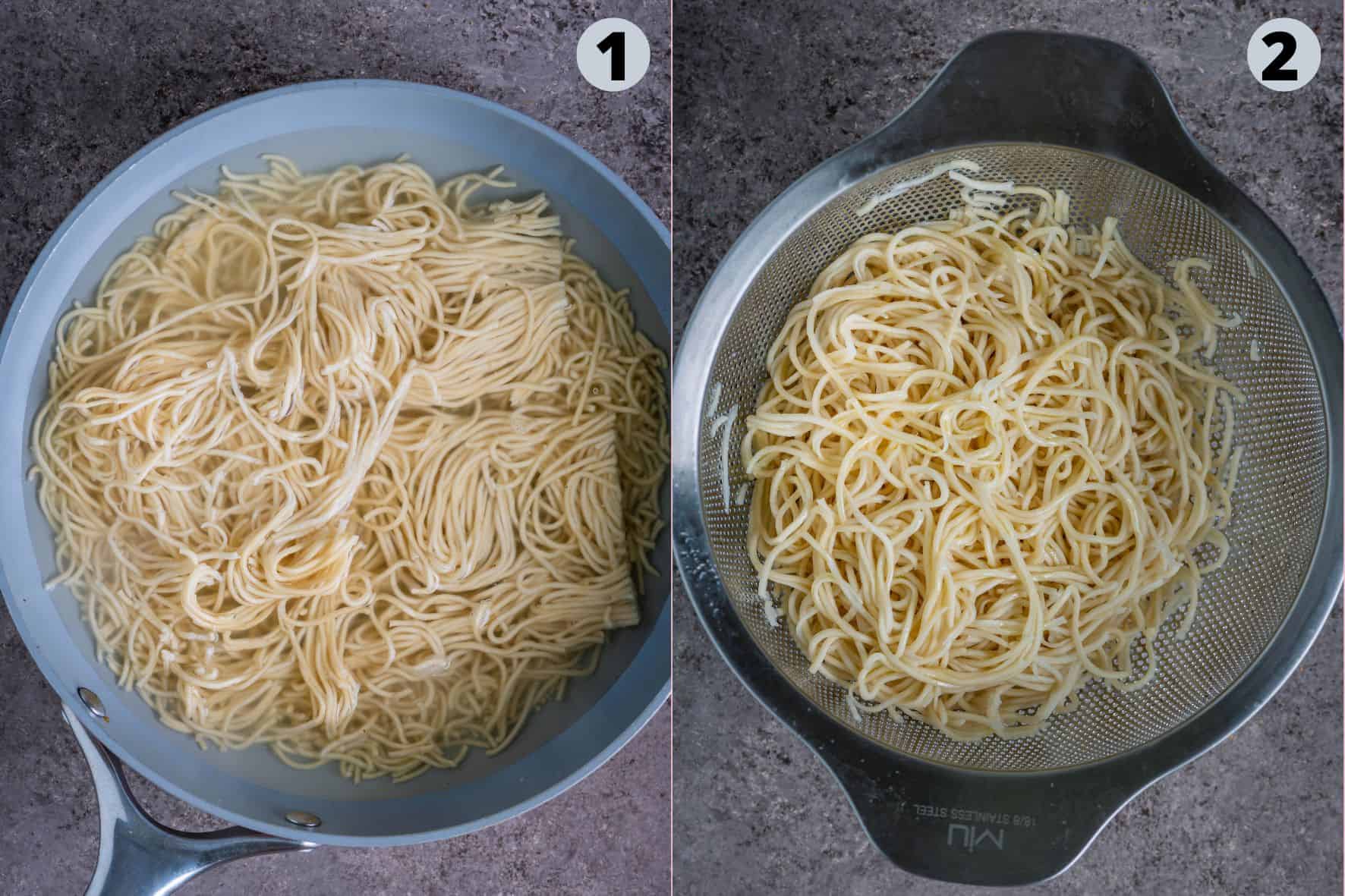 2 image collage showing how to cook the noodles to make the crispy noodle salad.