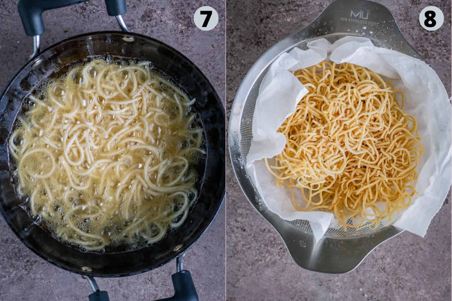 2 image collage showing how to deep fry the noodles when making Chinese Bhel recipe.