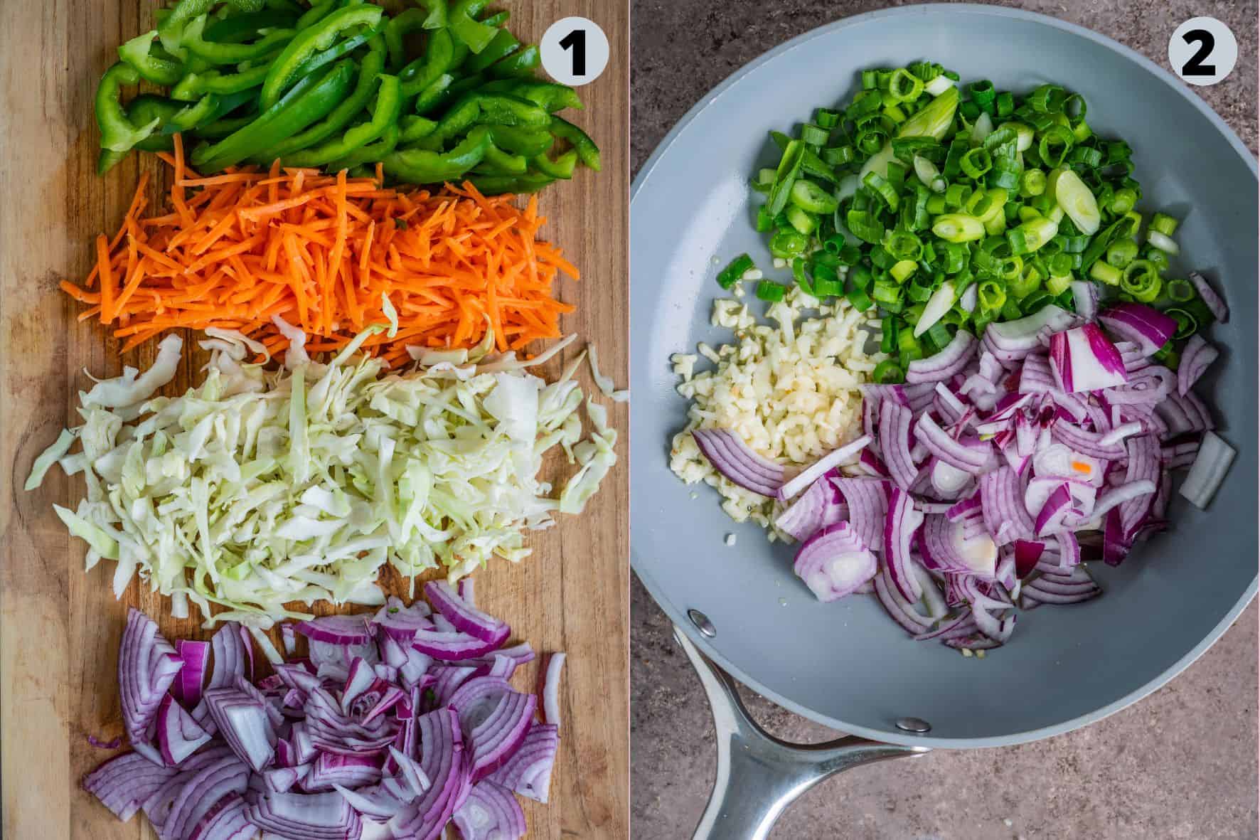2 image collage showing the process of prepping the veggies for crispy noodles salad.