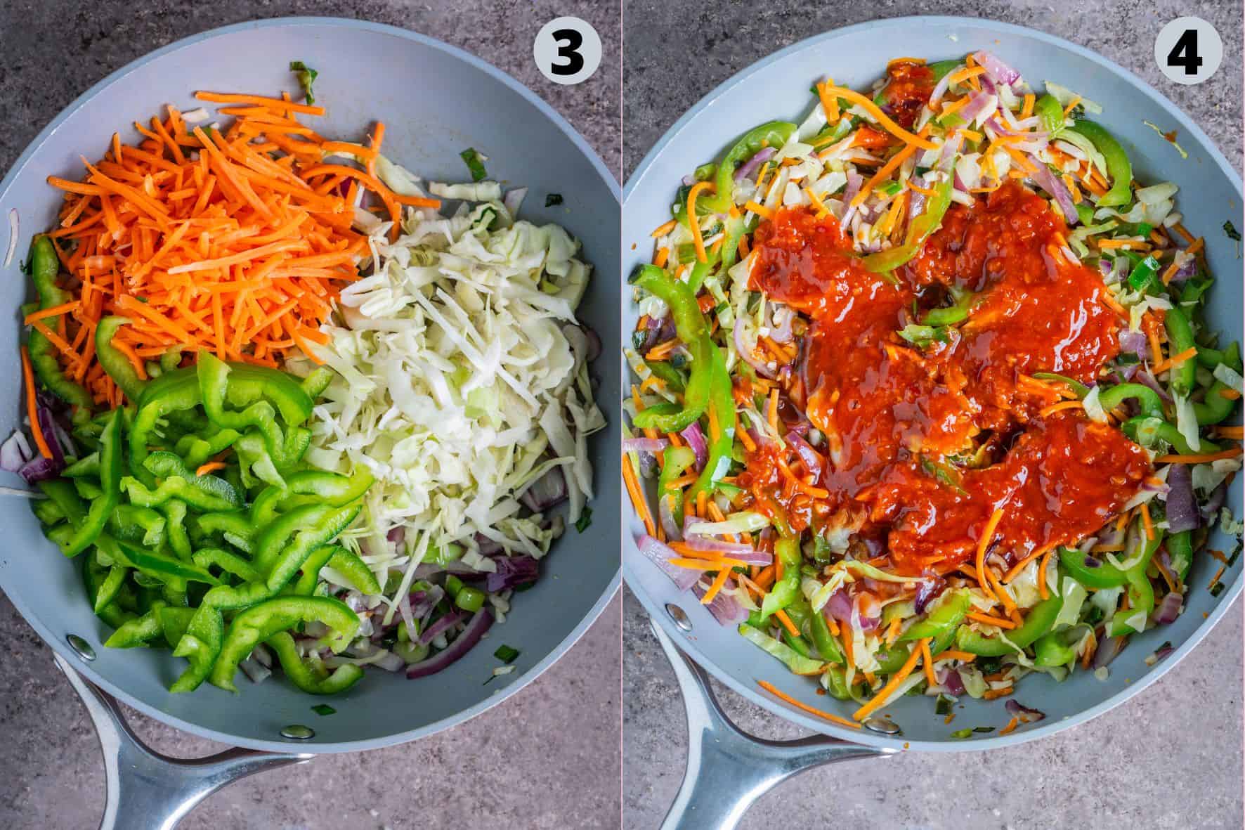 2 image collage showing how to cook the crunchy veggies for Chinese Bhel.