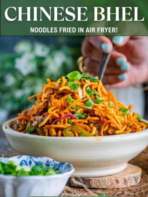 A hand digging into a bowl of freshly made Chinese Bhel holding a fork and text at the top and bottom.