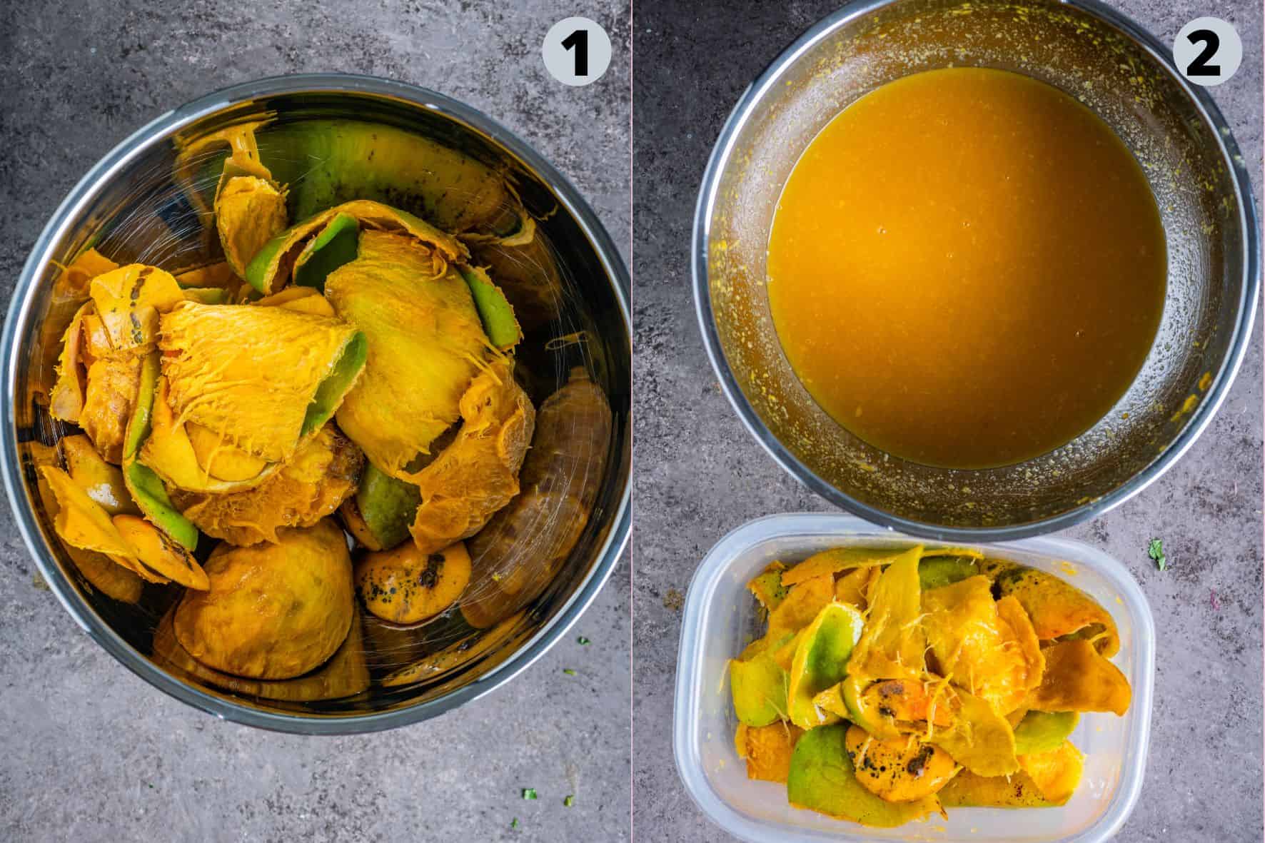 2 image collaqe showing how to extract the juice from mangoes to make Gujarati Fajeto Kadhi.