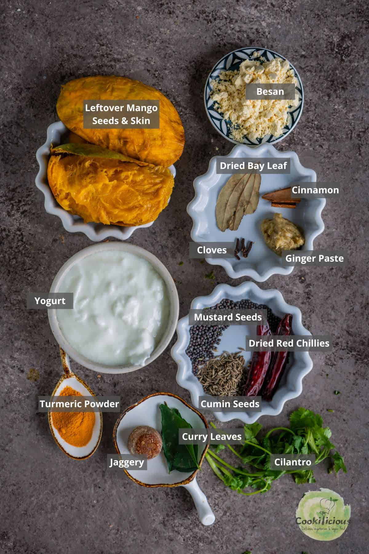 All the ingredients needed to make Gujarati Kadhi called Fajeto placed on a table with labels on them.