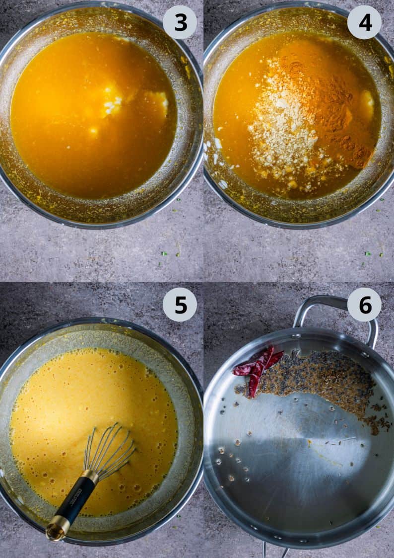 4 image collage showing the steps to make Gujarati kadhi with mangoes.