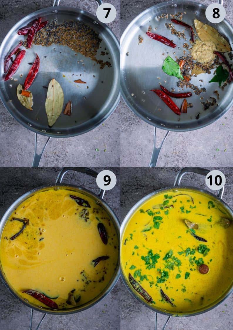 4 image collage showing how to make Fajeto Gujarati Kadhi at home using mangoes.