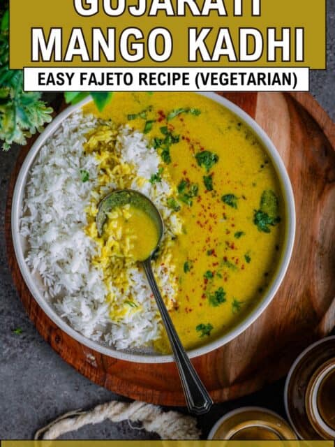 Gujarati kadhi chawal served in a plate and text at the top and bottom.