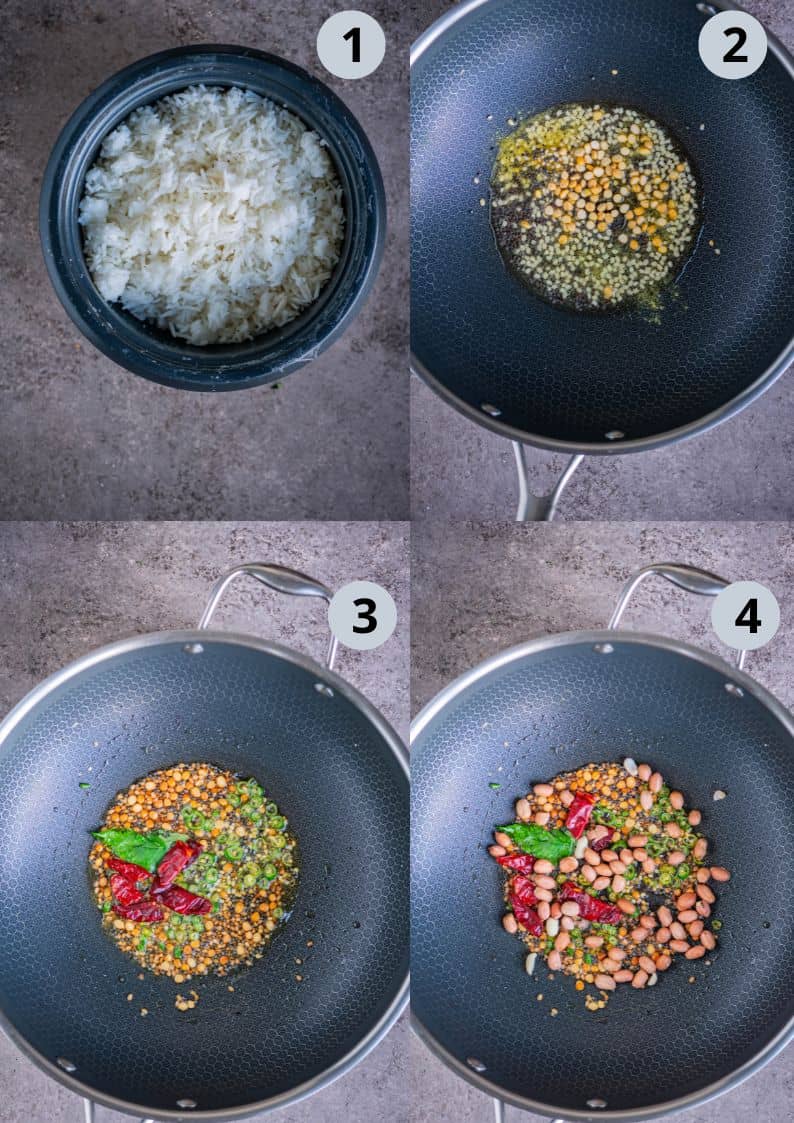 4 image collage showing the steps to make South Indian-style lemon rice.
