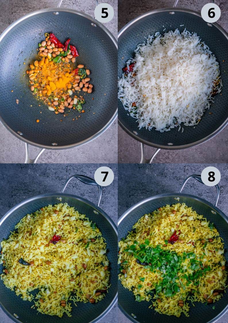 4 image collage showing how to make lemon rice recipe at home.