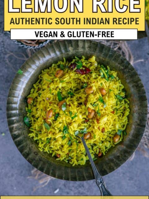 South Indian Lemon Rice served in a brass plate with a spoon in it and text at the top and bottom.
