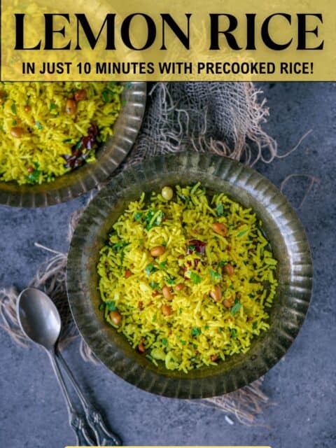 Yellow lemon rice with peanuts served in two plates and text at the top and bottom.