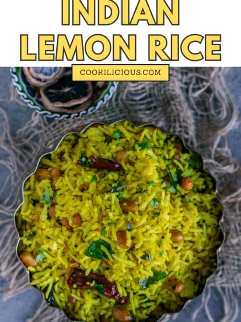 Authentic Indian Lemon Rice with peanuts, and curry leaves served in a plate and text at the top and bottom.
