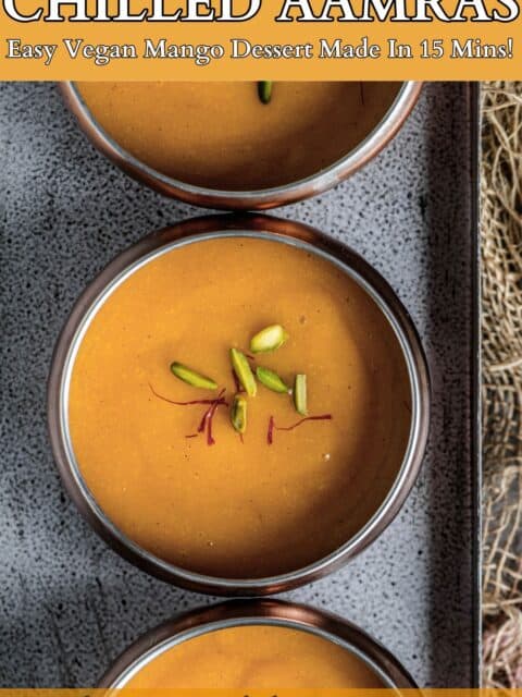 3 bowls of sweet mango pulp served in a tray and text at the top and bottom.