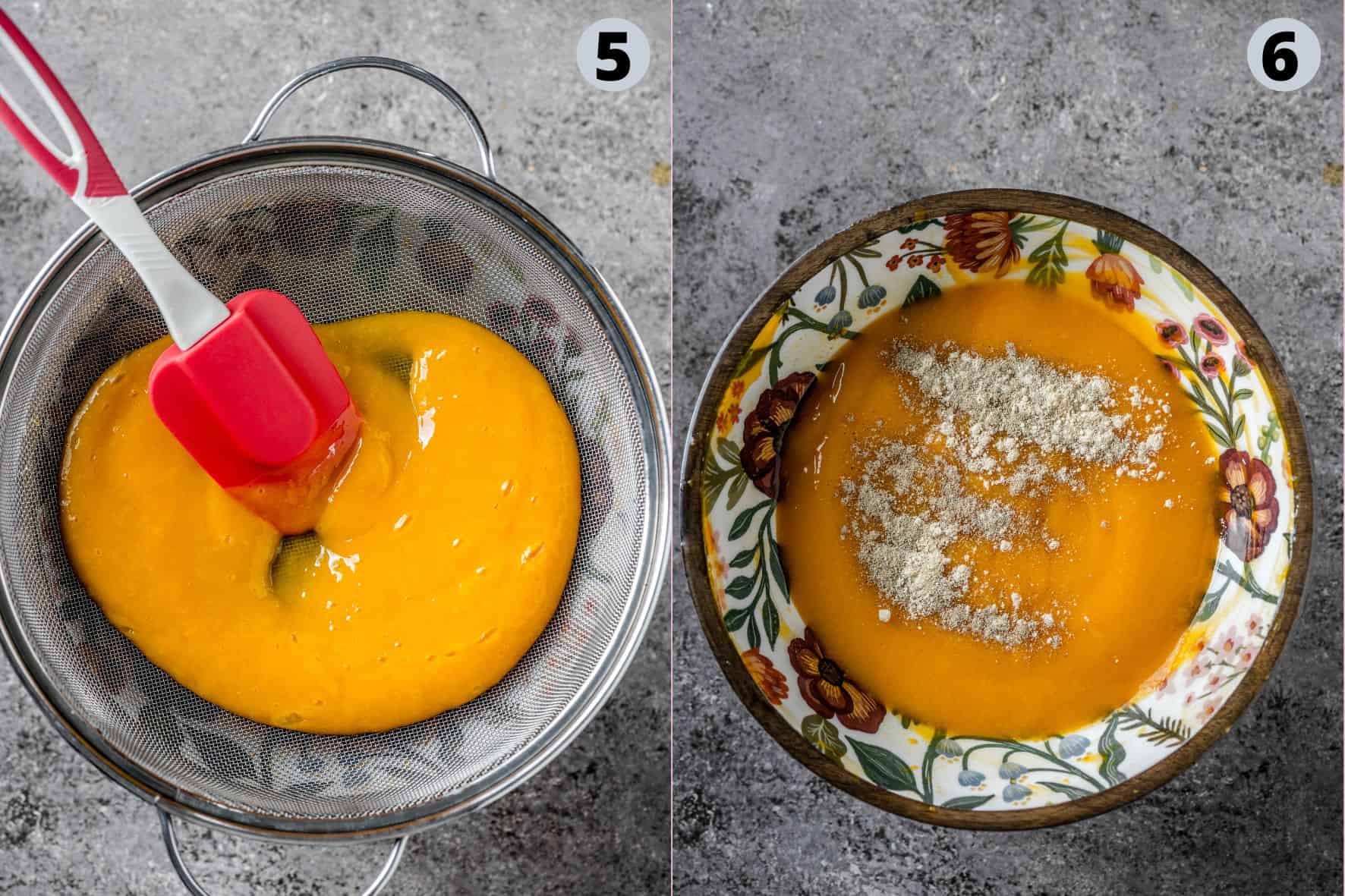 2 image collage showing the steps to flavor the aamras.