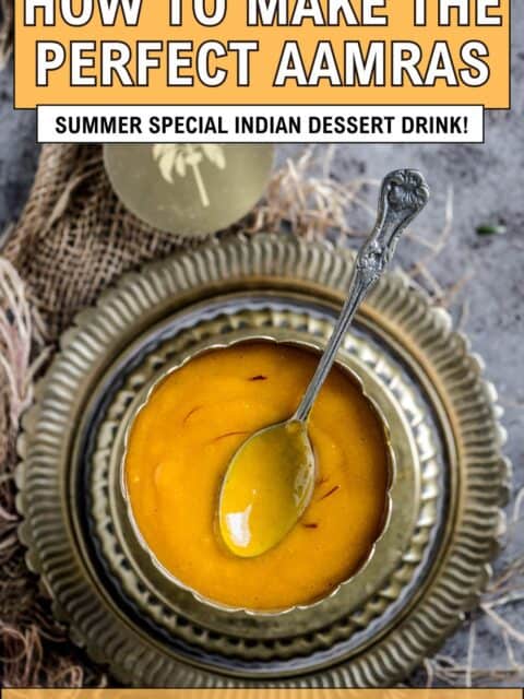 Aamras served in a brass bowl and spoon in it and text at the top and bottom.