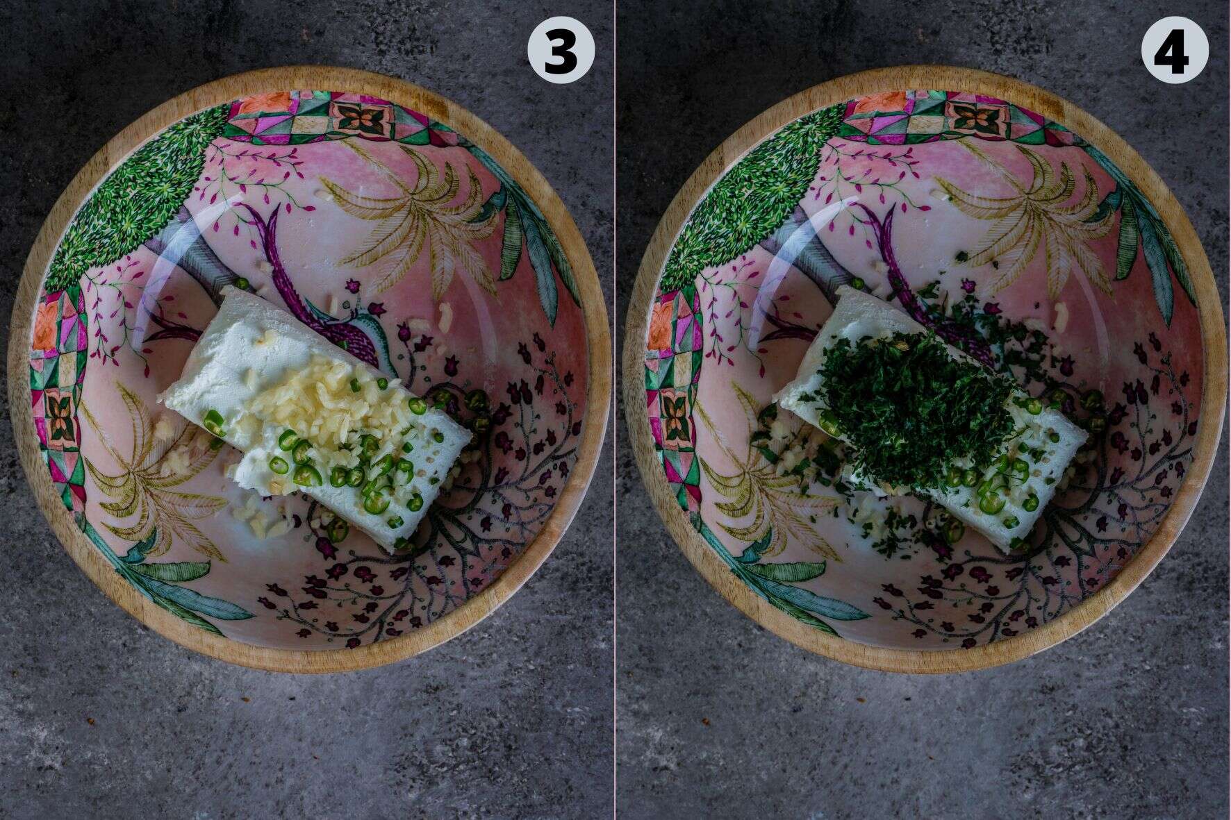 Step-by-step 2-image collage showing how to make herbed cream cheese spread.