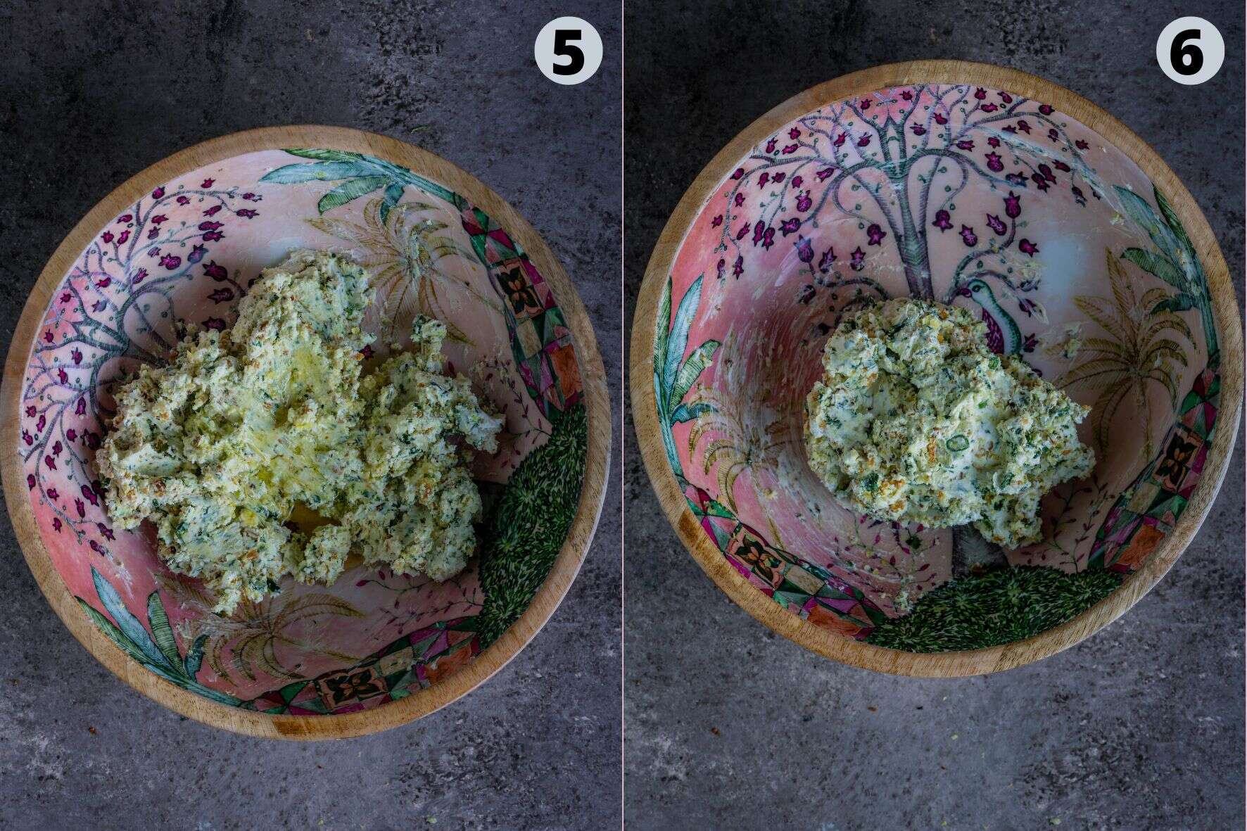 2 image collage showing the process of making herbed cream cheese for Cucumber sandwiches.
