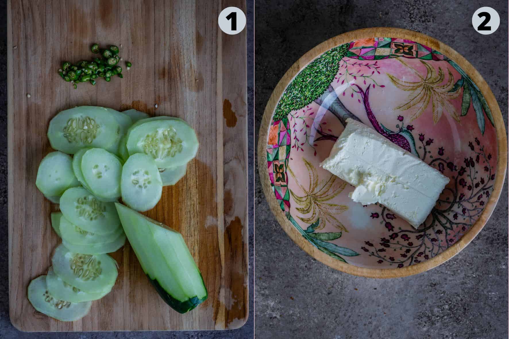 2 image collage showing how to chop cucumbers and soften cream cheese for making cucumber sandiwches.