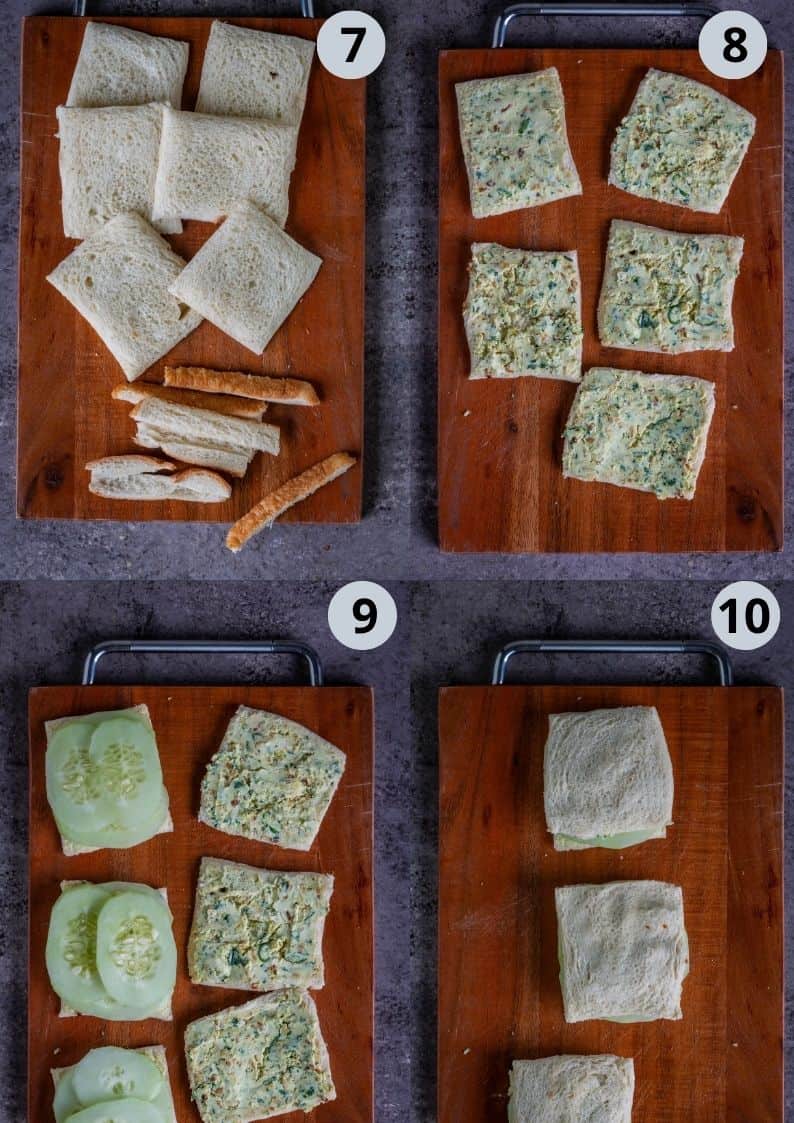 4-image step-by-step collage of assembling cucumber and cream cheese sandwiches.