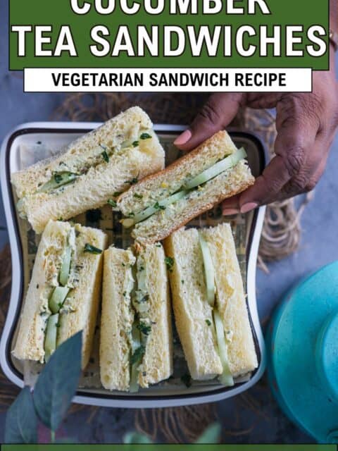 Classic English tea-time cucumber and cream cheese sandwiches with crusts removed and text at the top and bottom.