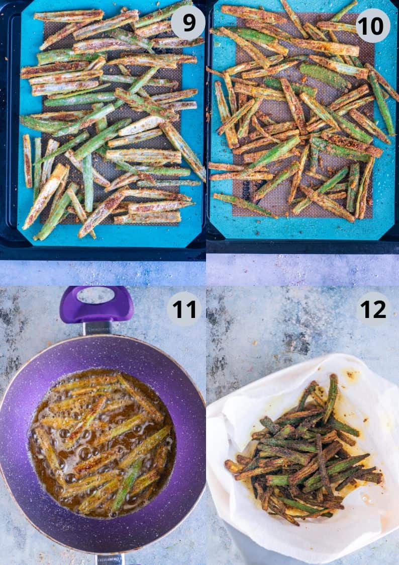 4 image collage showing the steps to make air fried Kurkuri bhindi.