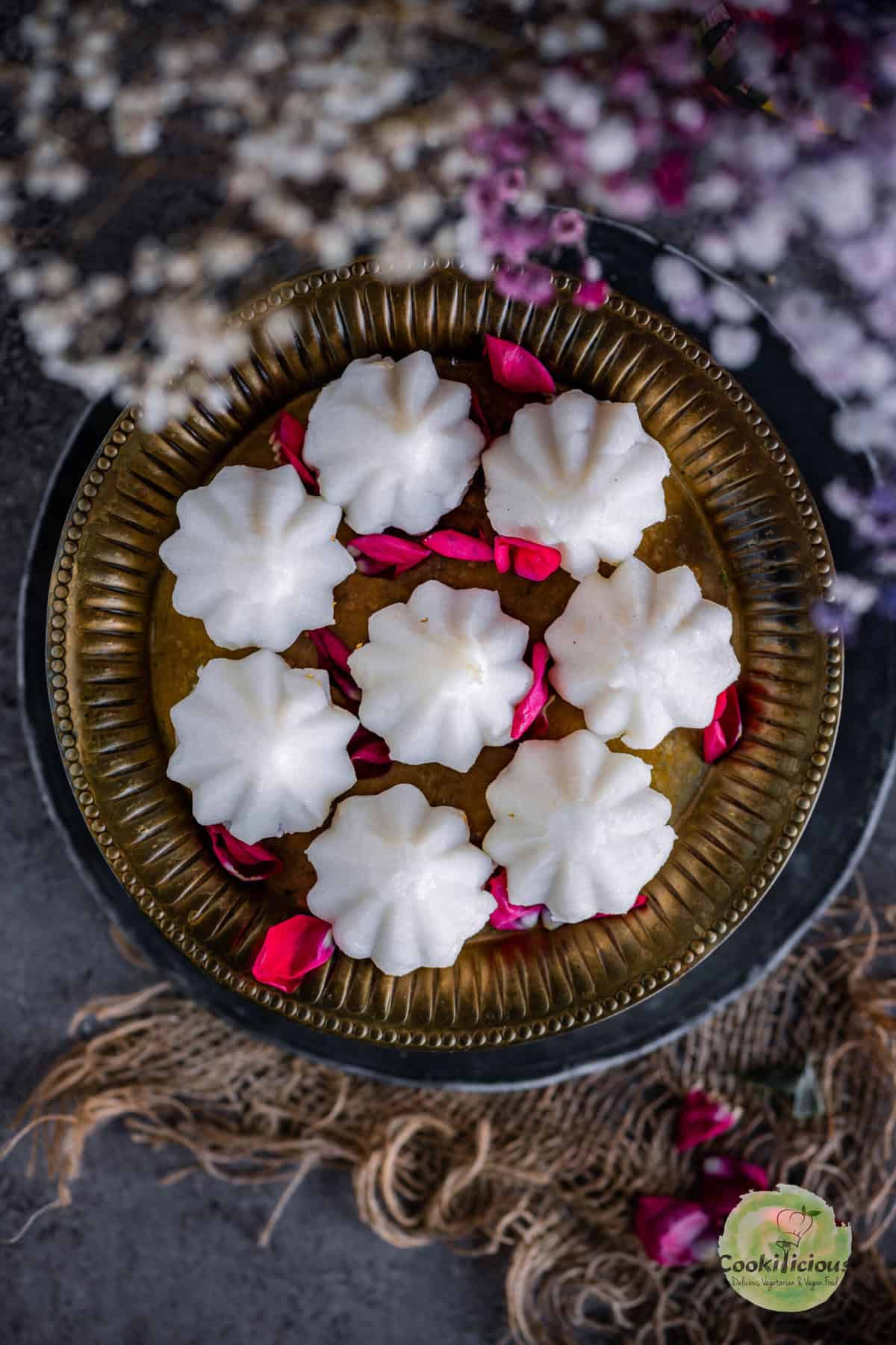 Homemade steamed modaks served in a platter.