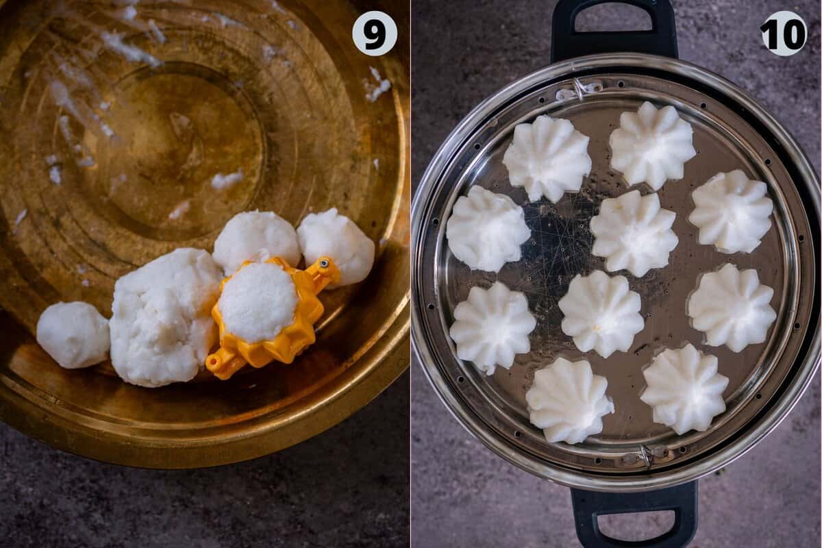 2 image collage showing how to steam the modaks.
