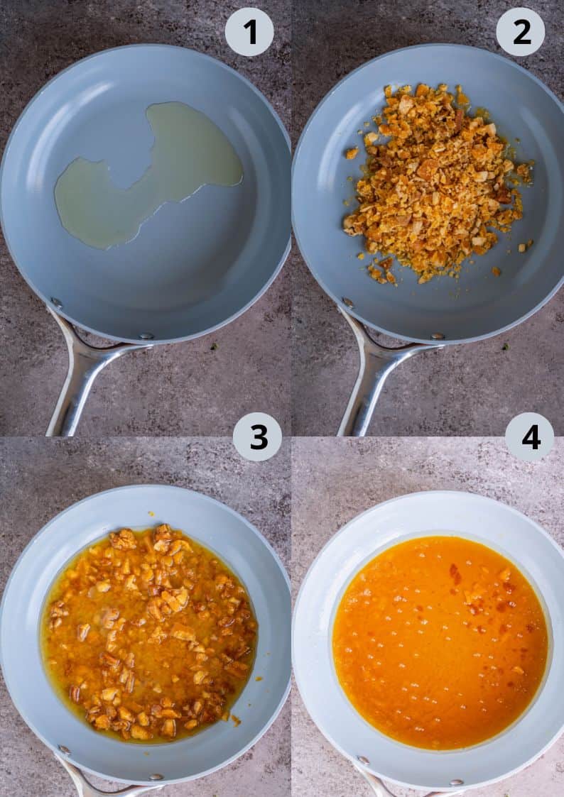 4 image collage showing how to make modak stuffing with coconut, and jaggery.