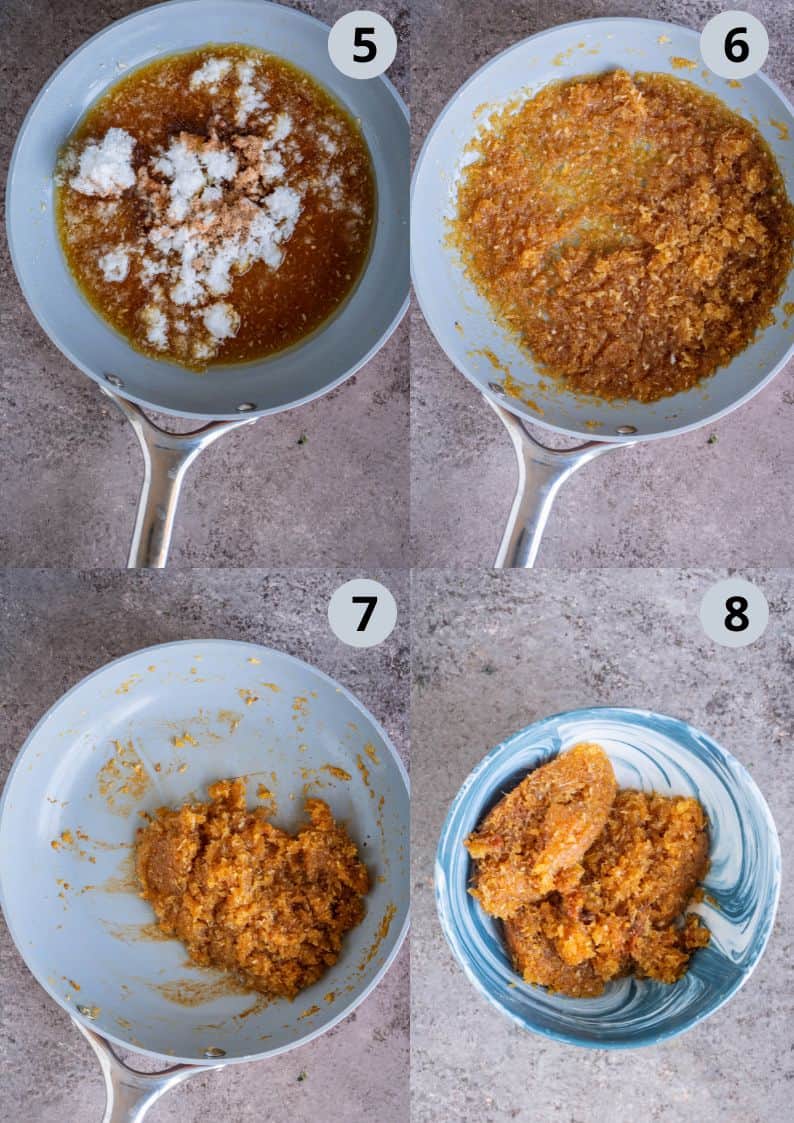4 image collage showing how to make the coconut-jaggery modak stuffing.