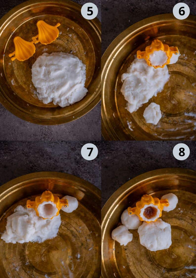 4 image collage showing how to stuff Kozhukattai with Thengai Pooranam.