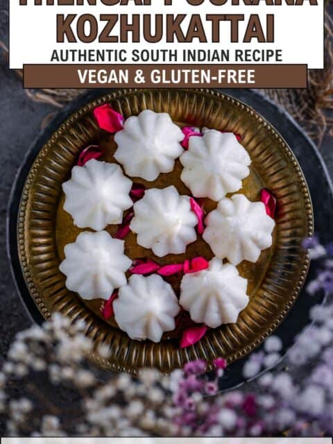 Homemade steamed modaks served in a platter and text at the top and bottom.
