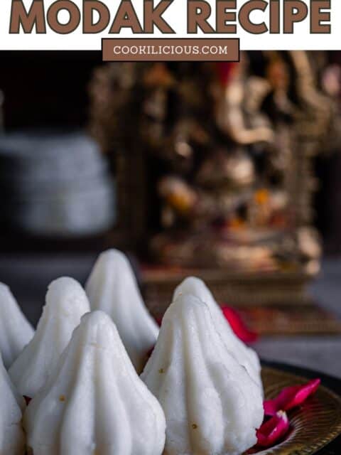 Homemade coconut-jaggery stuffed modak served for Ganesh Chaturthi and text at the top.