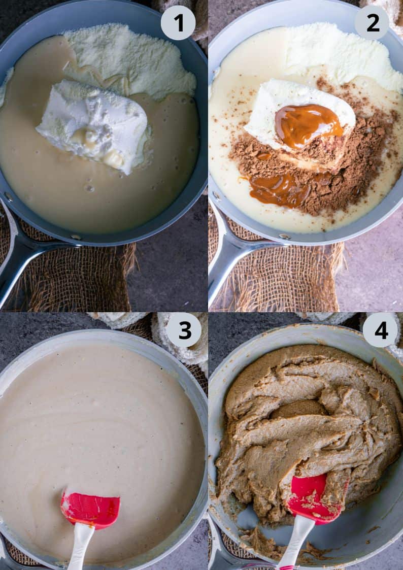 4 image collage showing the process of making Kalakand recipe at home.
