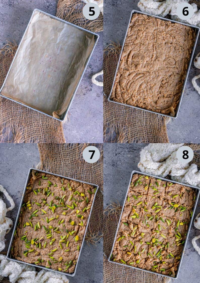 4 image collage showing how to make quick and easy Caramel Kalakand recipe for Diwali with ricotta cheese and condensed milk.