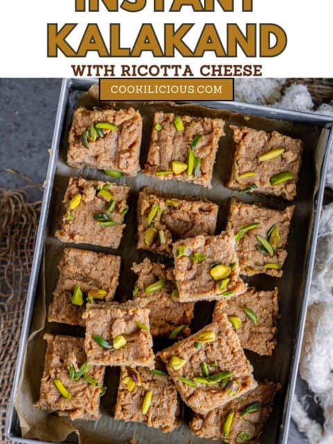 Caramel kalakand barfi served as Indian festival sweet and text at the top.