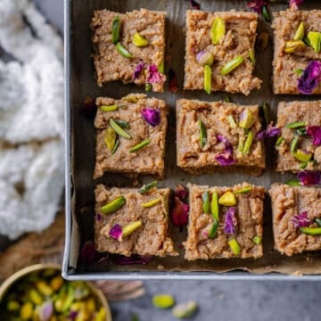 Caramel flavored Kalakand served in a tray.