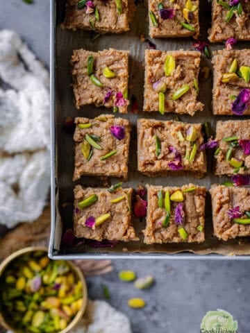 Caramel flavored Kalakand served in a tray.