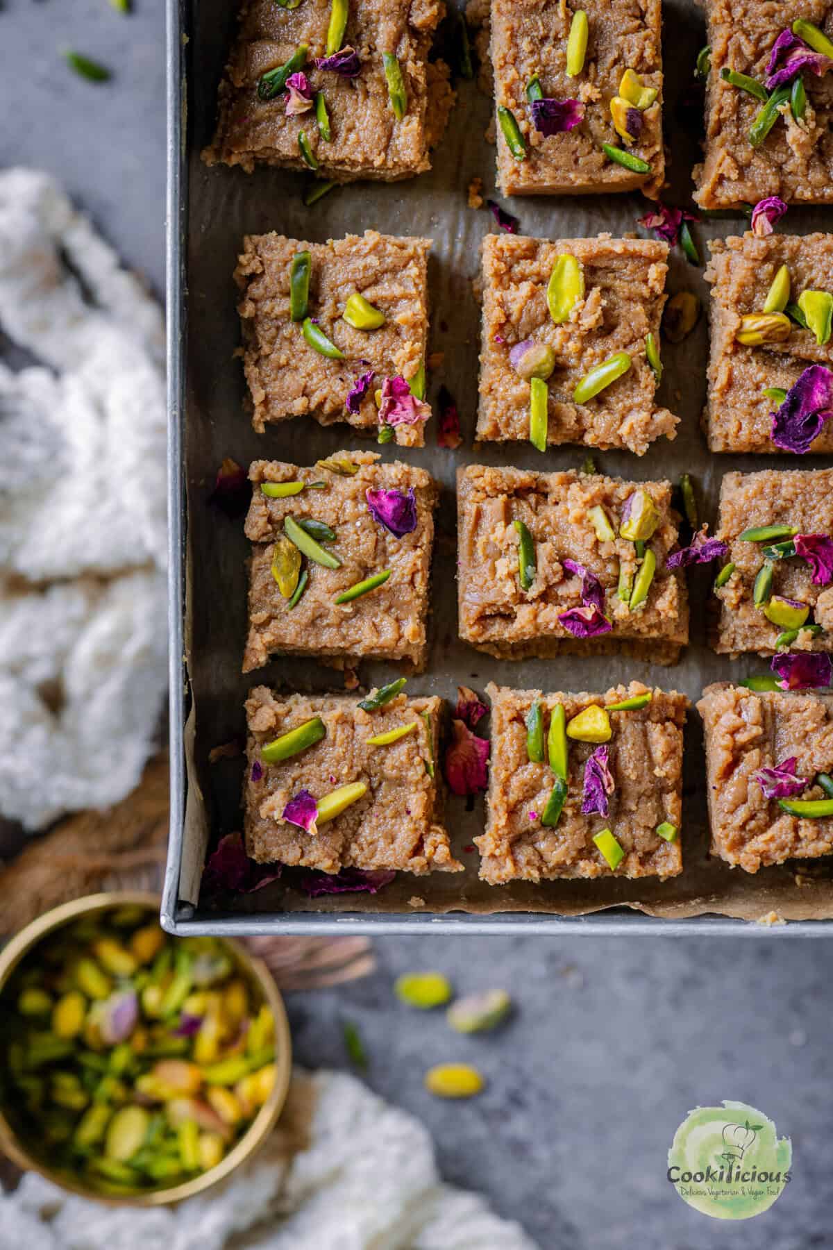 Caramel flavored Kalakand served in a tray.