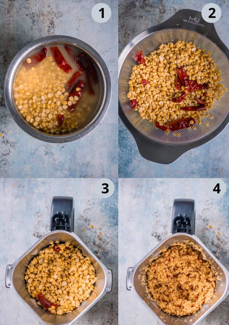 4 image collage showing how to prep the lentils to make Kothavarangai Paruppu Usili.