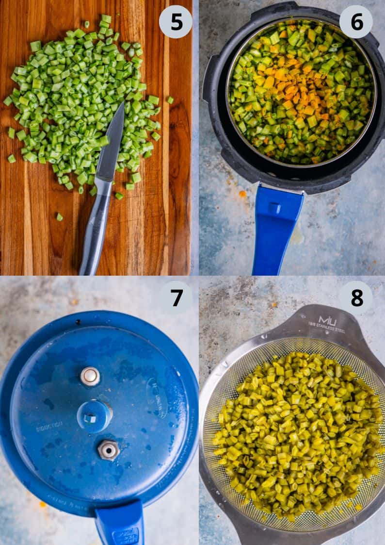 4 image collage showing how to prep the cluster beans to make Paruppu Usili.