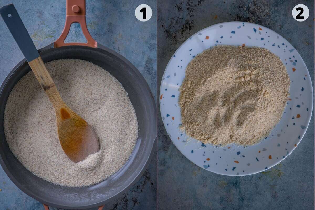 2 image collage showing the steps to make quick and easy rawa laddu.
