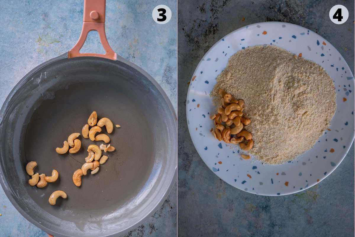 2 image collage showing how to prepare rava laddu at home for the festive season.