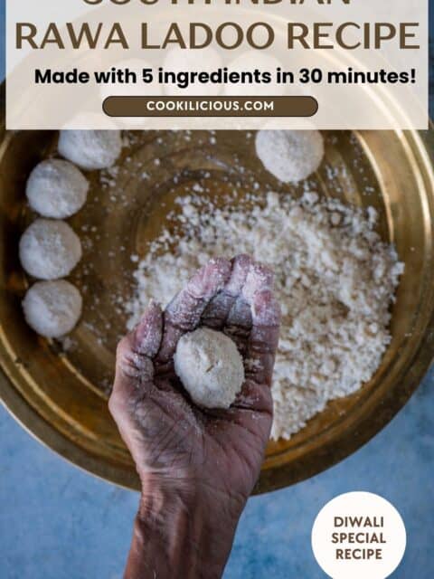 Making traditional South Indian Rava Ladoo by hand and text at the top.